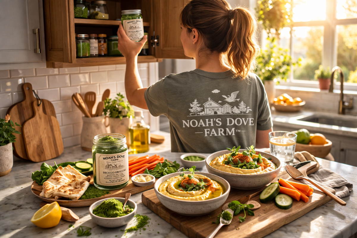 Microgreen powder mixed into hummus or sauce